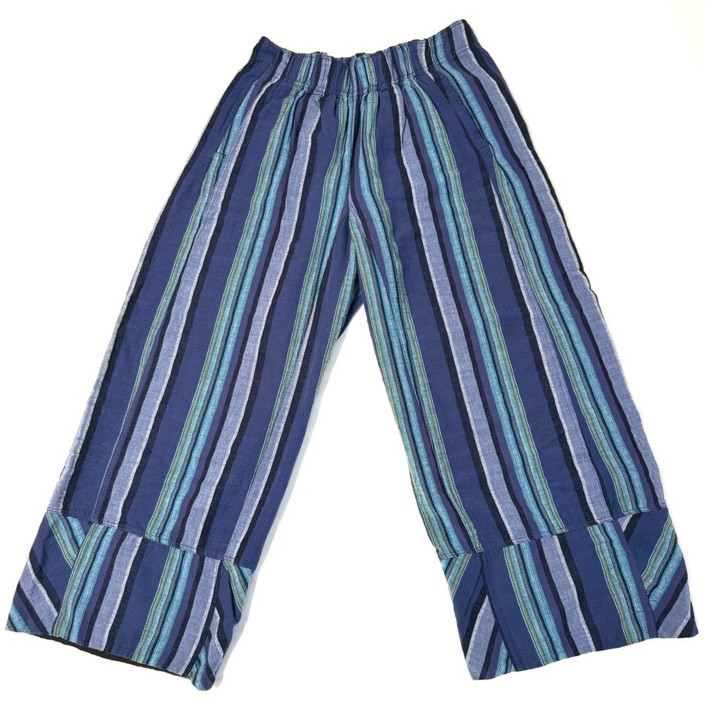 Free People Medium Striped Wide Leg Pants Cotton Linen Boho Coastal Pull On